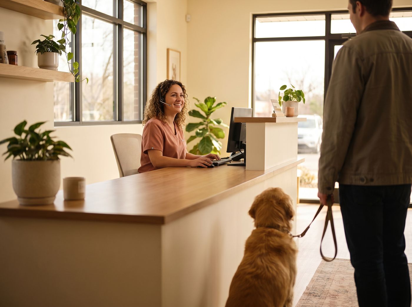 A friendly veterinary receptionist on a headset taking a call while a client waits in front of the desk with a calm golden retriever.